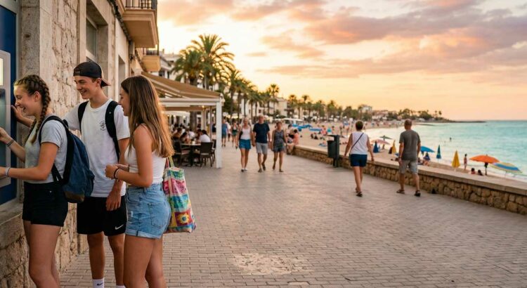 Grupa nastolatków wypłacająca pieniądze z bankomatu